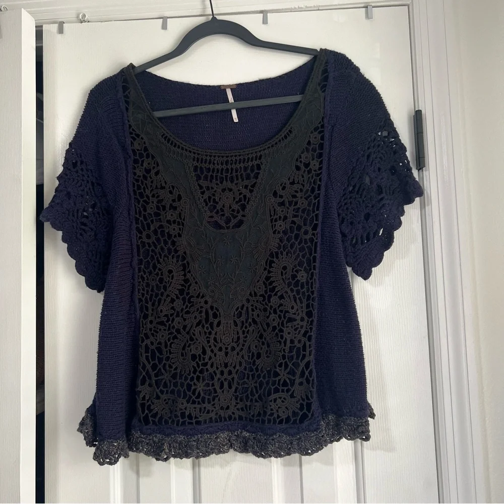 Oversized Free People Crochet Short Sleeve Blouse Shirt Top Ruffle Black Blue XS